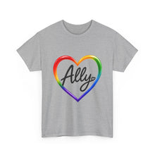Load image into Gallery viewer, Ally Rainbow Heart Pride T-Shirt | LGBTQ+ Support & Inclusion Graphic Unisex Heavy Cotton Tee