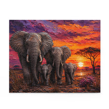 Load image into Gallery viewer, African Elephant Family Sunset Puzzle | Vibrant Safari Wildlife Art Puzzle (120, 252, 500-Piece)
