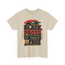 Load image into Gallery viewer, Black, Proud, United & Free Chenille Patch Juneteenth Unisex Heavy Cotton Tee