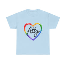 Load image into Gallery viewer, Ally Rainbow Heart Pride T-Shirt | LGBTQ+ Support & Inclusion Graphic Unisex Heavy Cotton Tee