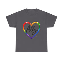 Load image into Gallery viewer, Ally Rainbow Heart Pride T-Shirt | LGBTQ+ Support & Inclusion Graphic Unisex Heavy Cotton Tee