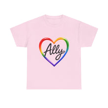 Load image into Gallery viewer, Ally Rainbow Heart Pride T-Shirt | LGBTQ+ Support & Inclusion Graphic Unisex Heavy Cotton Tee