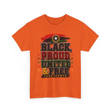 Load image into Gallery viewer, Black, Proud, United & Free Chenille Patch Juneteenth Unisex Heavy Cotton Tee