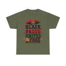 Load image into Gallery viewer, Black, Proud, United & Free Chenille Patch Juneteenth Unisex Heavy Cotton Tee