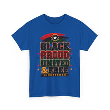 Load image into Gallery viewer, Black, Proud, United & Free Chenille Patch Juneteenth Unisex Heavy Cotton Tee