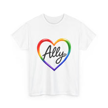 Load image into Gallery viewer, Ally Rainbow Heart Pride T-Shirt | LGBTQ+ Support & Inclusion Graphic Unisex Heavy Cotton Tee