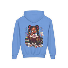 Load image into Gallery viewer, Booked for a Brighter Me Girls Hoodie | Inspirational Reading & Big Dreams Youth Heavy Blend Hooded Sweatshirt