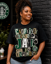 Load image into Gallery viewer, Caffeine: Because Jail Is Expensive Funny Coffee Lover T-Shirt | Ransom Note Graphic Unisex Heavy Cotton Tee
