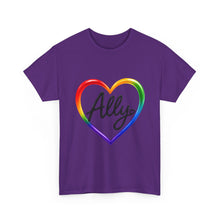 Load image into Gallery viewer, Ally Rainbow Heart Pride T-Shirt | LGBTQ+ Support &amp; Inclusion Graphic  Unisex Heavy Cotton Tee
