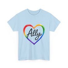 Load image into Gallery viewer, Ally Rainbow Heart Pride T-Shirt | LGBTQ+ Support &amp; Inclusion Graphic  Unisex Heavy Cotton Tee
