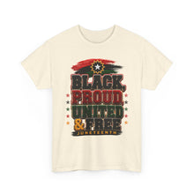 Load image into Gallery viewer, Black, Proud, United &amp; Free Chenille Patch Juneteenth Unisex Heavy Cotton Tee
