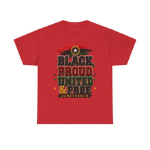 Load image into Gallery viewer, Black, Proud, United &amp; Free Chenille Patch Juneteenth Unisex Heavy Cotton Tee
