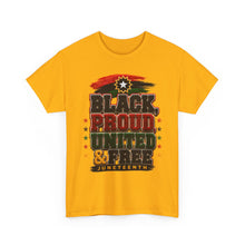 Load image into Gallery viewer, Black, Proud, United &amp; Free Chenille Patch Juneteenth Unisex Heavy Cotton Tee
