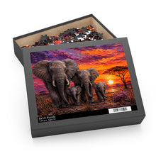 Load image into Gallery viewer, African Elephant Family Sunset Puzzle | Vibrant Safari Wildlife Art Puzzle (120, 252, 500-Piece)
