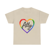 Load image into Gallery viewer, Ally Rainbow Heart Pride T-Shirt | LGBTQ+ Support &amp; Inclusion Graphic  Unisex Heavy Cotton Tee
