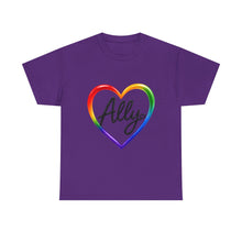 Load image into Gallery viewer, Ally Rainbow Heart Pride T-Shirt | LGBTQ+ Support &amp; Inclusion Graphic  Unisex Heavy Cotton Tee
