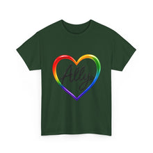 Load image into Gallery viewer, Ally Rainbow Heart Pride T-Shirt | LGBTQ+ Support &amp; Inclusion Graphic  Unisex Heavy Cotton Tee
