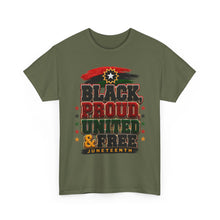 Load image into Gallery viewer, Black, Proud, United &amp; Free Chenille Patch Juneteenth Unisex Heavy Cotton Tee
