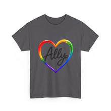 Load image into Gallery viewer, Ally Rainbow Heart Pride T-Shirt | LGBTQ+ Support &amp; Inclusion Graphic  Unisex Heavy Cotton Tee
