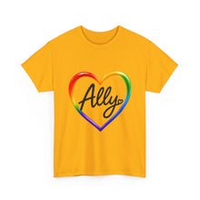 Load image into Gallery viewer, Ally Rainbow Heart Pride T-Shirt | LGBTQ+ Support &amp; Inclusion Graphic  Unisex Heavy Cotton Tee
