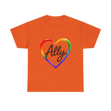Load image into Gallery viewer, Ally Rainbow Heart Pride T-Shirt | LGBTQ+ Support &amp; Inclusion Graphic  Unisex Heavy Cotton Tee
