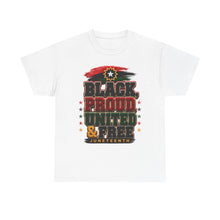 Load image into Gallery viewer, Black, Proud, United &amp; Free Chenille Patch Juneteenth Unisex Heavy Cotton Tee
