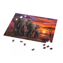 Load image into Gallery viewer, African Elephant Family Sunset Puzzle | Vibrant Safari Wildlife Art Puzzle (120, 252, 500-Piece)
