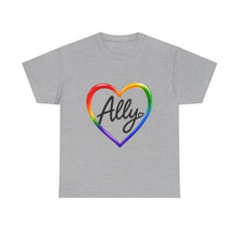 Load image into Gallery viewer, Ally Rainbow Heart Pride T-Shirt | LGBTQ+ Support &amp; Inclusion Graphic  Unisex Heavy Cotton Tee
