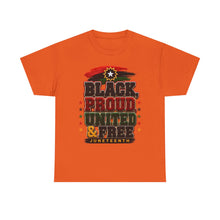 Load image into Gallery viewer, Black, Proud, United &amp; Free Chenille Patch Juneteenth Unisex Heavy Cotton Tee
