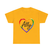Load image into Gallery viewer, Ally Rainbow Heart Pride T-Shirt | LGBTQ+ Support &amp; Inclusion Graphic  Unisex Heavy Cotton Tee
