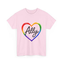 Load image into Gallery viewer, Ally Rainbow Heart Pride T-Shirt | LGBTQ+ Support &amp; Inclusion Graphic  Unisex Heavy Cotton Tee
