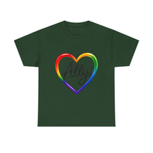 Load image into Gallery viewer, Ally Rainbow Heart Pride T-Shirt | LGBTQ+ Support &amp; Inclusion Graphic  Unisex Heavy Cotton Tee
