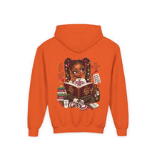 Load image into Gallery viewer, Booked for a Brighter Me Girls Hoodie | Inspirational Reading &amp; Big Dreams Youth Heavy Blend Hooded Sweatshirt
