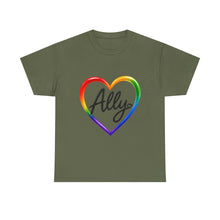 Load image into Gallery viewer, Ally Rainbow Heart Pride T-Shirt | LGBTQ+ Support &amp; Inclusion Graphic  Unisex Heavy Cotton Tee
