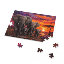 Load image into Gallery viewer, African Elephant Family Sunset Puzzle | Vibrant Safari Wildlife Art Puzzle (120, 252, 500-Piece)
