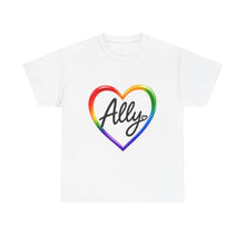 Load image into Gallery viewer, Ally Rainbow Heart Pride T-Shirt | LGBTQ+ Support &amp; Inclusion Graphic  Unisex Heavy Cotton Tee

