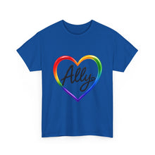 Load image into Gallery viewer, Ally Rainbow Heart Pride T-Shirt | LGBTQ+ Support &amp; Inclusion Graphic  Unisex Heavy Cotton Tee
