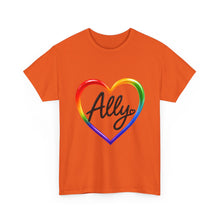 Load image into Gallery viewer, Ally Rainbow Heart Pride T-Shirt | LGBTQ+ Support &amp; Inclusion Graphic  Unisex Heavy Cotton Tee

