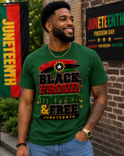 Load image into Gallery viewer, Black, Proud, United &amp; Free Chenille Patch Juneteenth Unisex Heavy Cotton Tee
