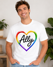 Load image into Gallery viewer, Ally Rainbow Heart Pride T-Shirt | LGBTQ+ Support &amp; Inclusion Graphic  Unisex Heavy Cotton Tee
