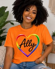 Load image into Gallery viewer, Ally Rainbow Heart Pride T-Shirt | LGBTQ+ Support &amp; Inclusion Graphic  Unisex Heavy Cotton Tee
