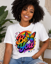 Load image into Gallery viewer, Be You Rainbow Butterfly Pride Shirt | Colorful LGBTQ+ Inspirational Unisex Heavy Cotton Tee
