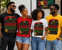 Load image into Gallery viewer, Black, Proud, United &amp; Free Chenille Patch Juneteenth Unisex Heavy Cotton Tee

